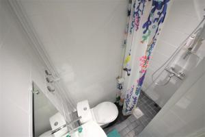 łazienka z toaletą i zasłoną prysznicową w obiekcie City Centre Apartment Puistokatu 29 w mieście Jyväskylä
