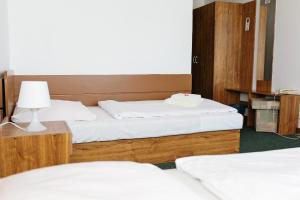 two twin beds in a room with a lamp at Hotel Slovakia in Žilina