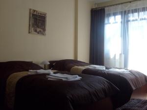 a hotel room with two beds and a window at Willa Lawenda in Duszniki Zdrój