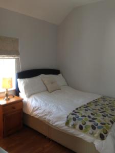een slaapkamer met een bed en een lamp op een nachtkastje bij 'Uncle Owenie's Cottage' in Crossmaglen