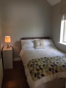 een slaapkamer met een bed, een lamp en een raam bij 'Uncle Owenie's Cottage' in Crossmaglen