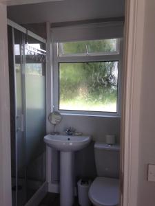 a bathroom with a sink and a toilet and a window at 'Uncle Owenie's Cottage' in Crossmaglen