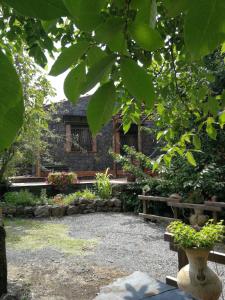 a garden with a bench and a building at Casa etna in Bronte