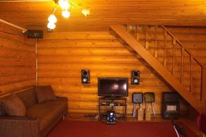 a living room with a couch and a television in a cabin at Cottage Club Nagornyy in Kazan