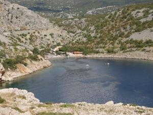 two swans are swimming in a lake in a mountain at Apartments Marinko in Povile