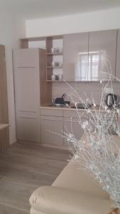 eine Küche mit weißen Schränken und einem weißen Kühlschrank in der Unterkunft M&C Apartmans in Olomouc