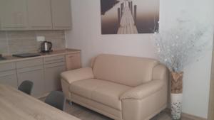 a living room with a couch in a kitchen at M&C Apartmans in Olomouc