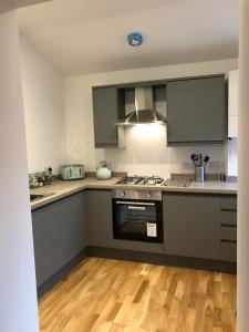 een keuken met grijze kasten en een fornuis met oven bij Dryburgh Apartment No3 in Inverness