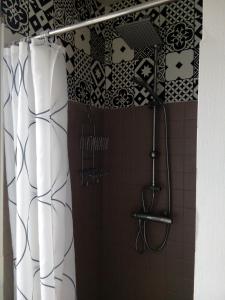 - un rideau de douche dans la salle de bains revêtue de carrelage noir et blanc dans l'établissement Maison de vacances cosy, à Avranches