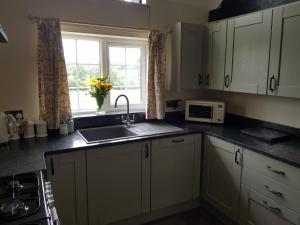 a kitchen with white cabinets and a sink and a window at Lletty Ann wynn at Fraithwen Cottages in Newtown