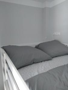 ein weißes Schlafzimmer mit einem Bett mit grauen Kissen in der Unterkunft Mirabelle - Wohnen in der Dresdner Neustadt in Dresden