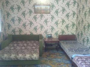 ソリ・イレツクにあるГостевой дом у Ольгиのベッド2台とテーブルが備わる客室です。