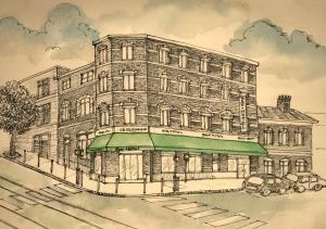 a drawing of a building with a green awning at Le Clémenceau Hôtel et Appart'hôtel & Restaurant "Gare Sncf" centre ville in Valenciennes