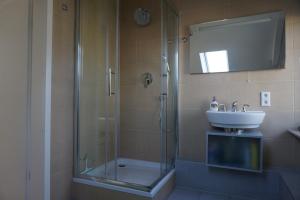 y baño con ducha y lavamanos. en Ferienwohnung am See, en Bad Lippspringe