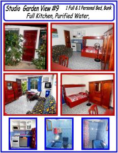 a collage of four pictures of a room at Rositas Hotel in San Juan del Sur
