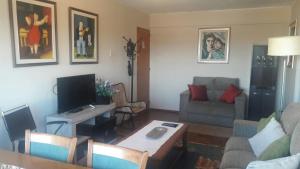 a living room with a couch and a tv at Los Naranjeles Centro Flat in Salto