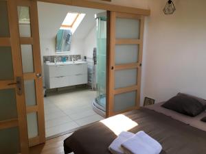 a bedroom with a bed and a bathroom with a sink at Le Loft in Lacanau