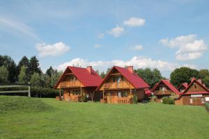 a row of wooden houses with red roofs on a field at Całoroczne Domki Nad Zatoką in Polańczyk