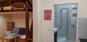 ブダペストにあるCsengery street Apartmentのバスルーム(シャワー付)、ベッドルーム1室が備わります。