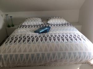 a bed with white comforter and a blue object on it at Biotina in Lebbeke