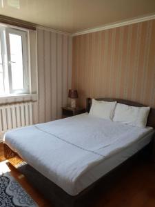 a bedroom with a white bed with a window at Datka Guest House in Naryn
