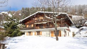 una baita di tronchi nella neve con un albero di chalet artheis a Le Grand-Bornand