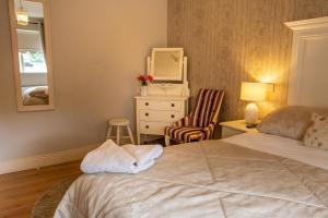 1 dormitorio con cama, silla y espejo en Jacob's Well Hotel, en Rathdrum