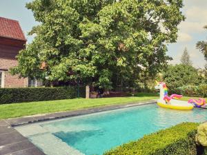 uma piscina com um unicórnio flutuante num quintal em B&B 'Het Logiement em Sint-Maria-Lierde
