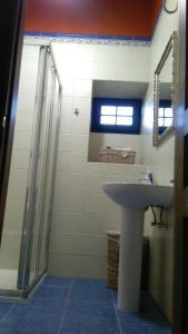 a bathroom with a sink and a glass shower at A Minguxaina in Ribadeo