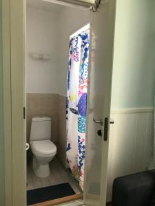 a bathroom with a toilet and a shower curtain at E-City B&B in Tornio
