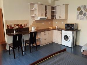 a kitchen with a table and chairs and a washing machine at Town Center Studio Apartment in Daugavpils