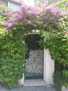Um portão de ferro com flores cor-de-rosa à frente. em Casa Malo' em Ischia