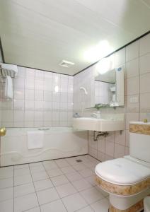 a bathroom with a tub and a sink and a toilet at Ever Luck Hotel in Kaohsiung