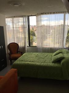 1 dormitorio con 1 cama, 1 silla y 1 ventana en Apt estudio calle97302, en Bogotá