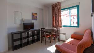 a living room with a couch and a table and a television at Apartamentos Fernando de los Rios in Granada