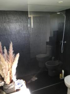 a black bathroom with a toilet and a sink at Douro Marina Studios in Vila Nova de Gaia +23 photos