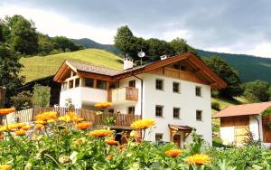 uma casa com uma colina ao fundo com flores em Ferienwohnungen Auhaus em Martello