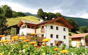 a house with a hill in the background with flowers at Ferienwohnungen Auhaus in Martello