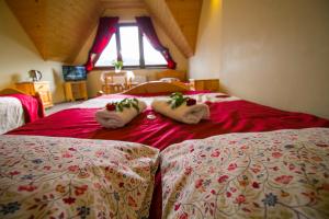 a bedroom with two beds with red sheets and a window at Willa Nad Potokiem in Białka Tatrzanska