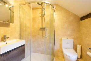 a bathroom with a shower and a toilet and a sink at Oak Cottage in Thorndon +17 photos