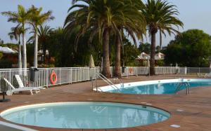 a swimming pool with palm trees in a resort at The Peaches Bungalows 45 & 46 in Maspalomas