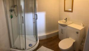 a bathroom with a shower and a toilet and a sink at Littlestone Hotel in New Romney