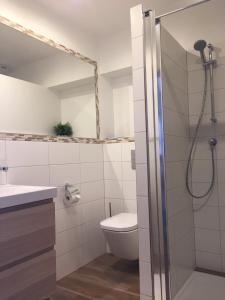 ein Bad mit einer Dusche, einem WC und einem Waschbecken in der Unterkunft Hotel & Restaurant KRONE in Kressbronn am Bodensee