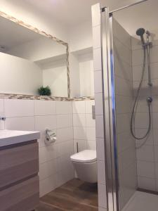 a bathroom with a shower with a toilet and a sink at Hotel KRONE Kressbronn am Bodensee in Kressbronn am Bodensee +10 photos