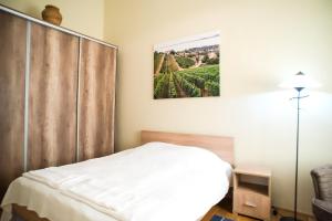 ブダペストにあるRégiposta street- City Centerのベッドルーム1室(ベッド1台付)が備わります。壁に絵が飾られています。