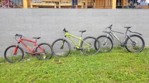 3 biciclette sono parcheggiate accanto a un muro di Chalet Tara a Mojkovac