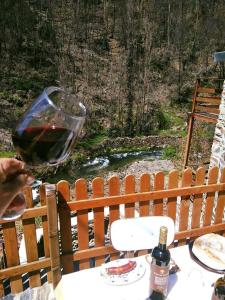 a person holding a glass of wine at a table at Casa do Moinho Novo in Fontão Fundeiro