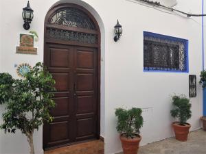 a wooden door on a white wall with potted plants at Dar Manara - Medina d'Asilah in Asilah