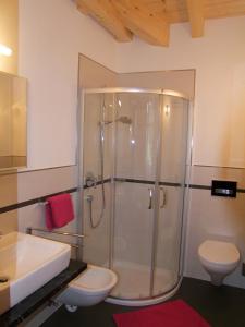 a bathroom with a shower and a toilet and a sink at App. Birkenheim in Valdaora