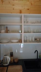 a kitchen shelf with dishes and glasses on it at Domki pod orzechem in Kołczewo